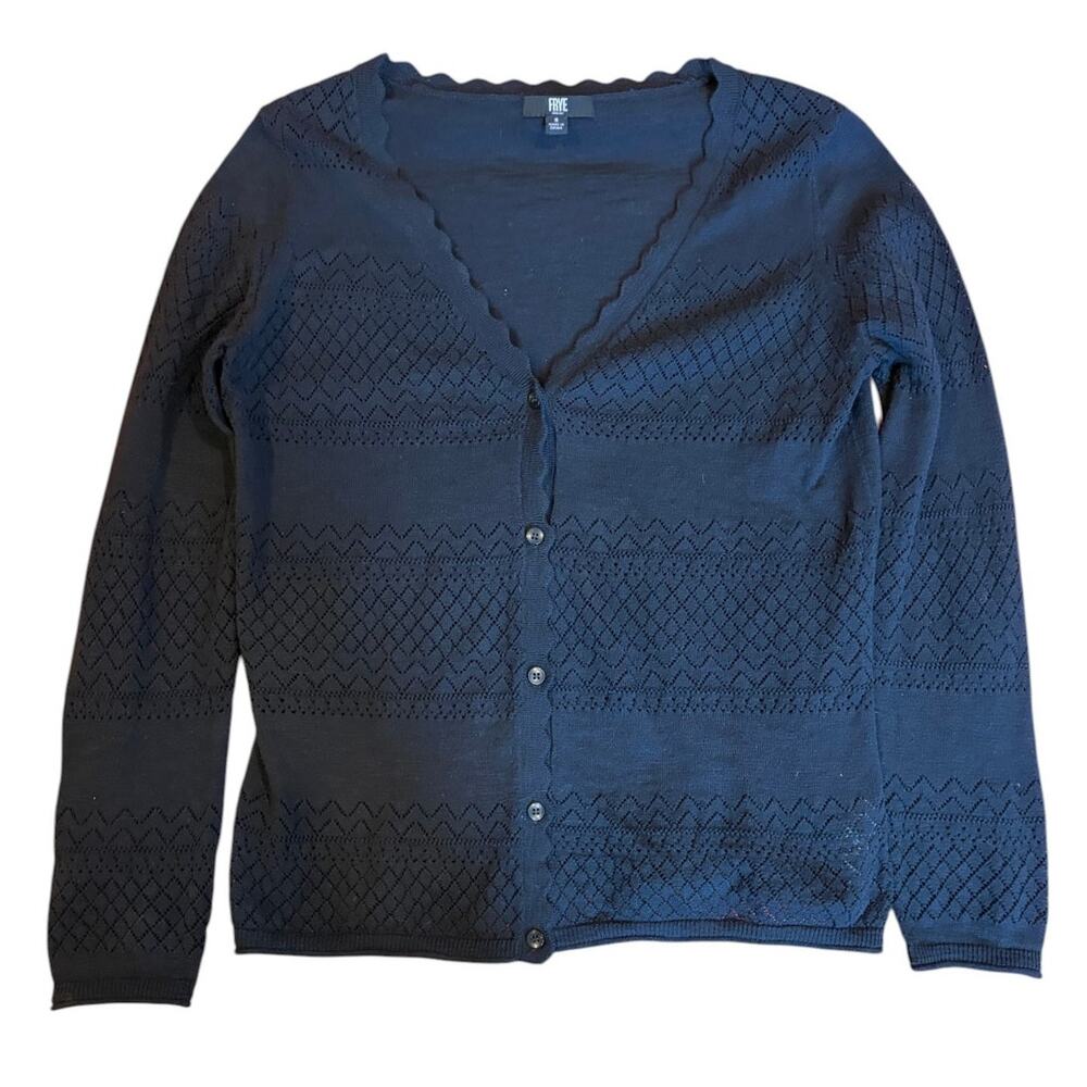 FRYE Women’s Pointelle Cardigan Sweater Small Black 100% Cotton Knit Scalloped